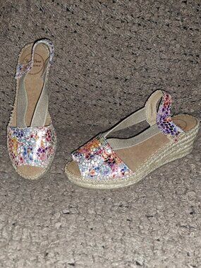 TONI PONS-Teide Espadrilles-Taupe/Colorful Crackle-Elastic-Wedge-Sz 35-Near Mint